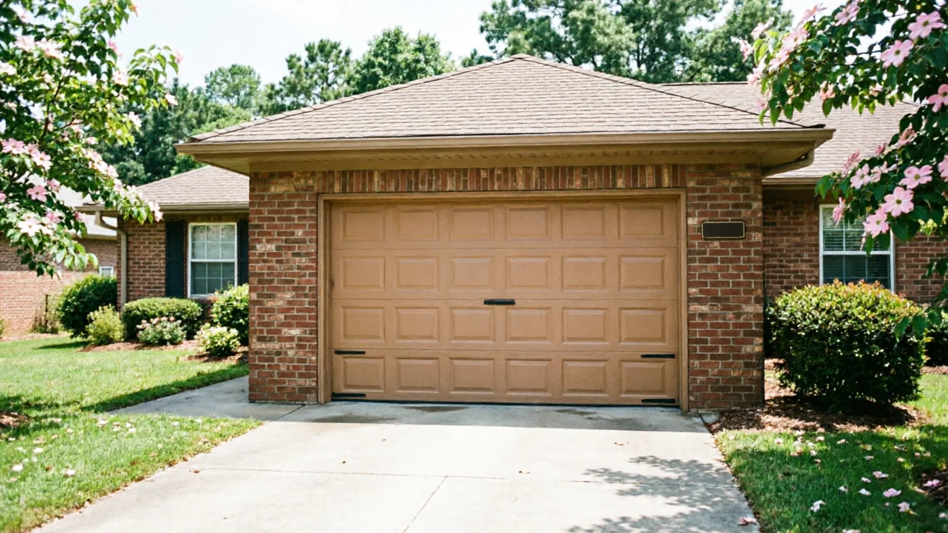 A brown paneled garage door is on a brick house with a green lawn.