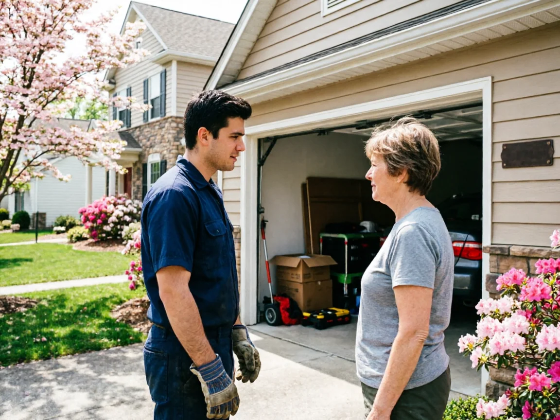 A technician and a woman stand talking in a driveway in front of a garage.