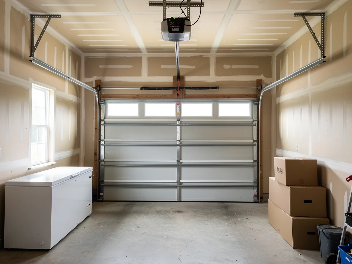 A white garage door with windows is closed in a garage with a chest freezer.