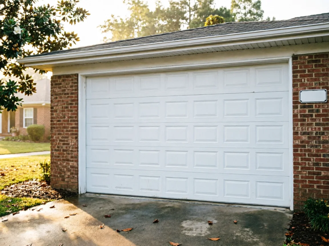 A white paneled garage door is on a brick house with a concrete driveway.